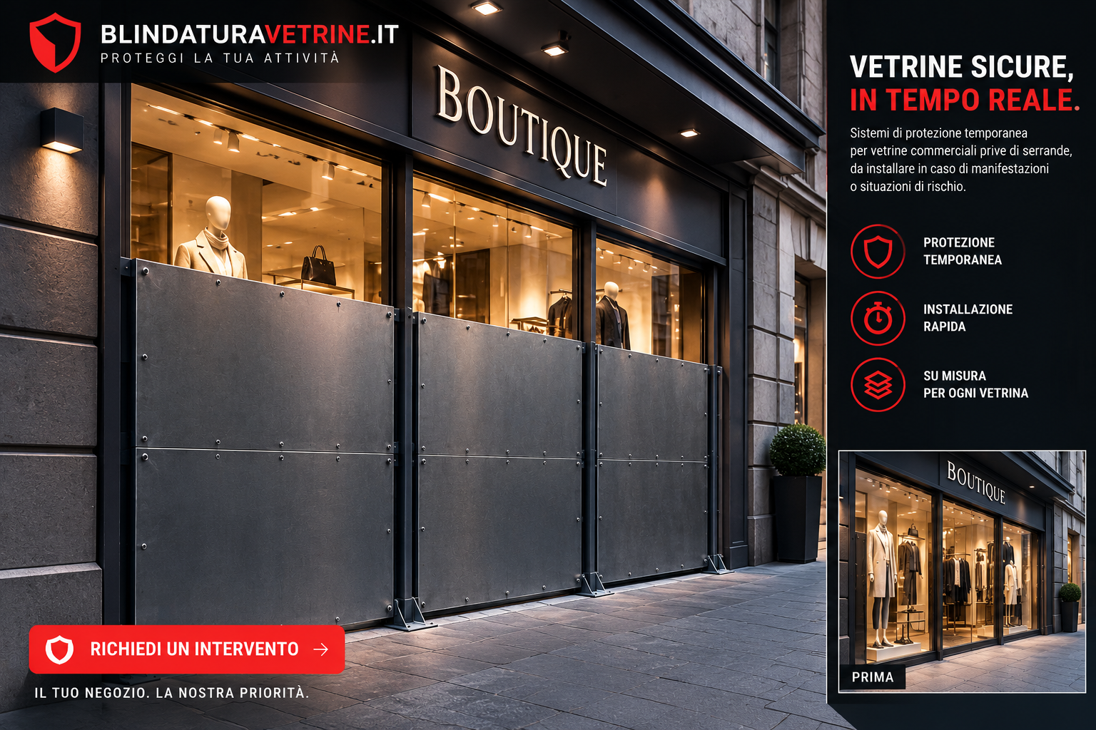 Esempio illustrativo di vetrina boutique con pannelli protettivi temporanei in acciaio